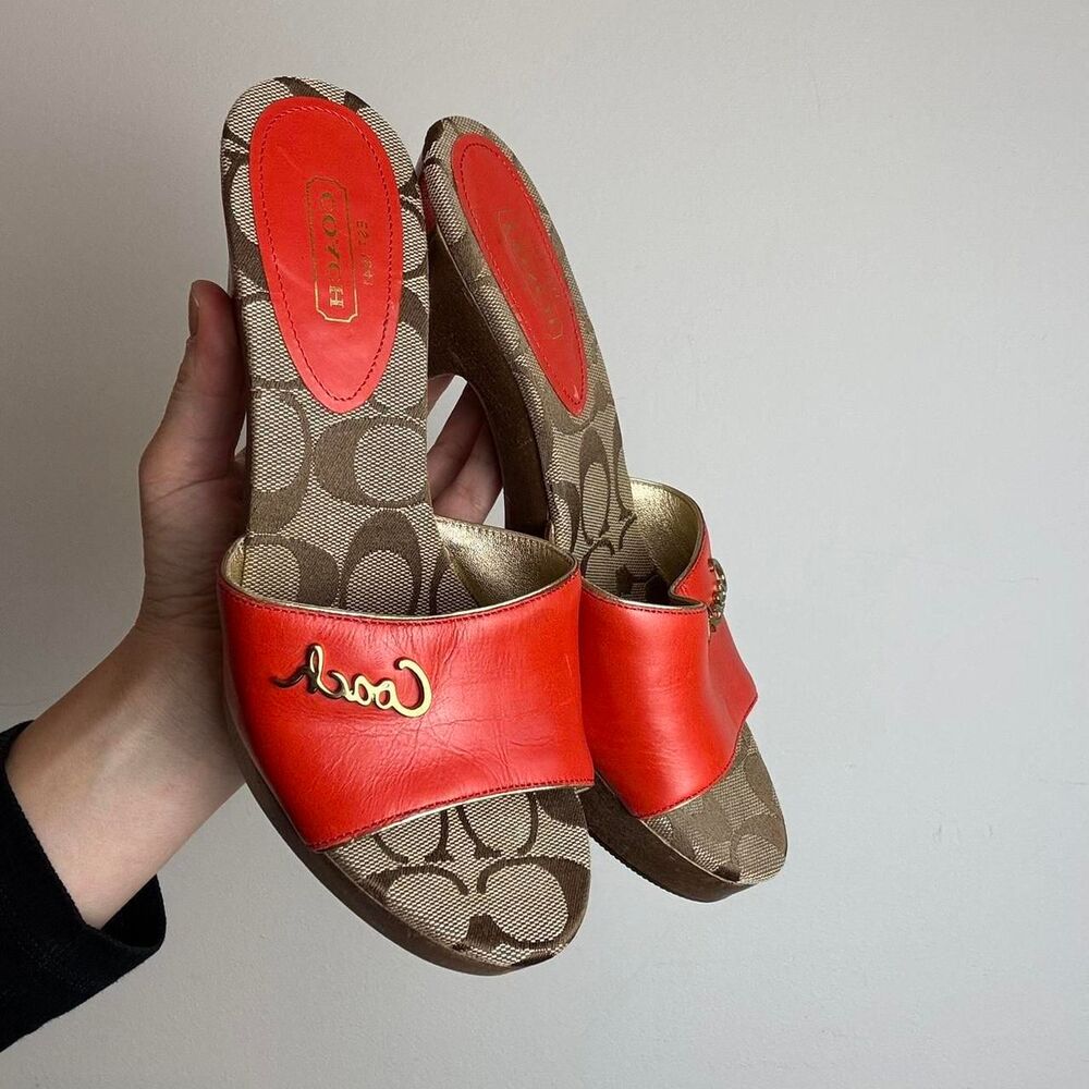 Coach Vintage Y2K Brown and Red Orange Signature C Monogram Wooden Sandals